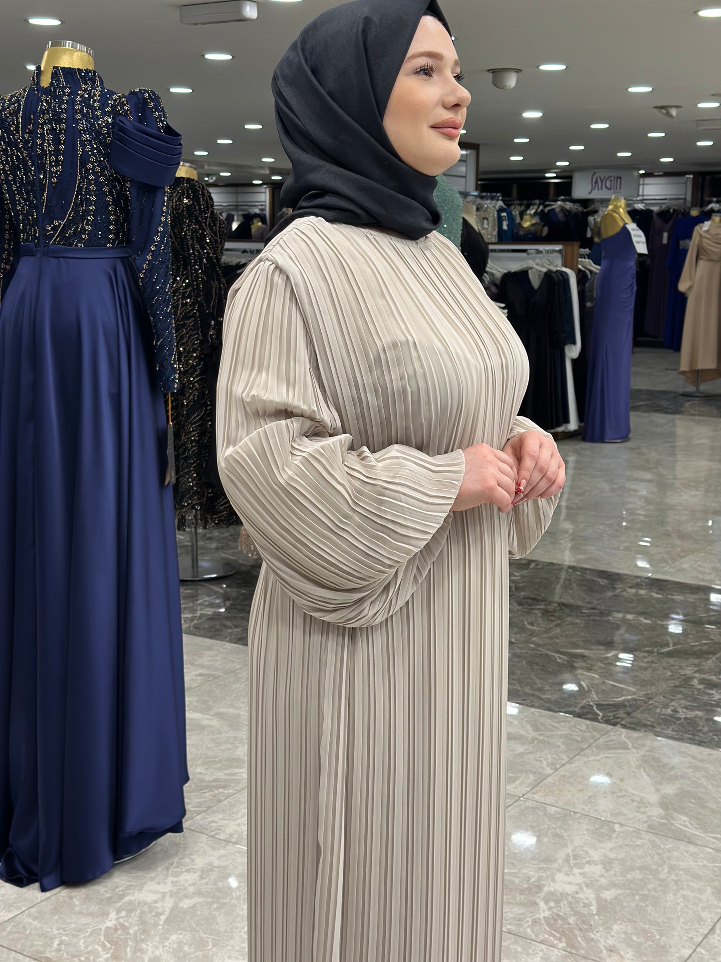 ekose 1001 sifon elbise ekru