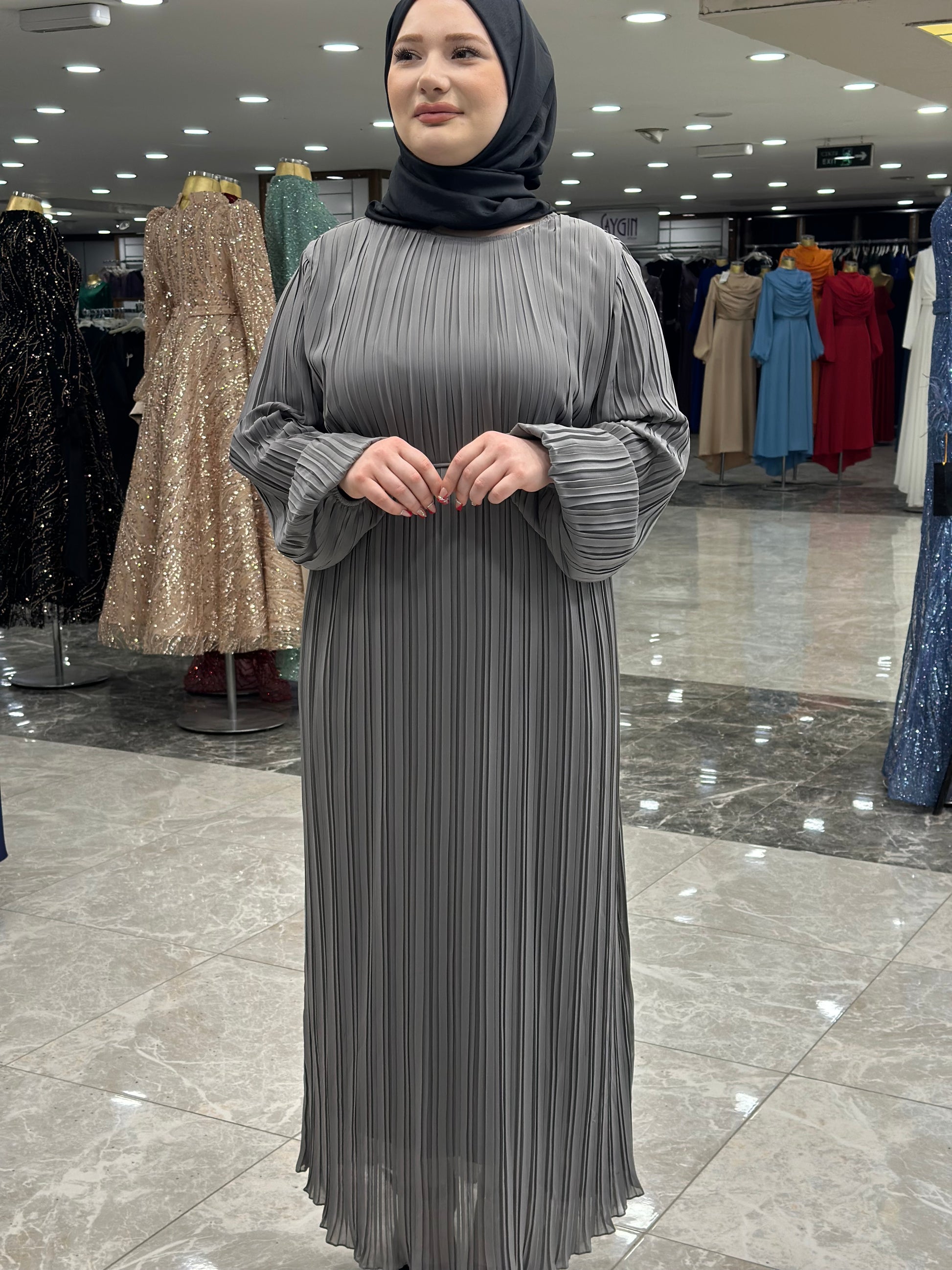 ekose 1001 sifon elbise gri