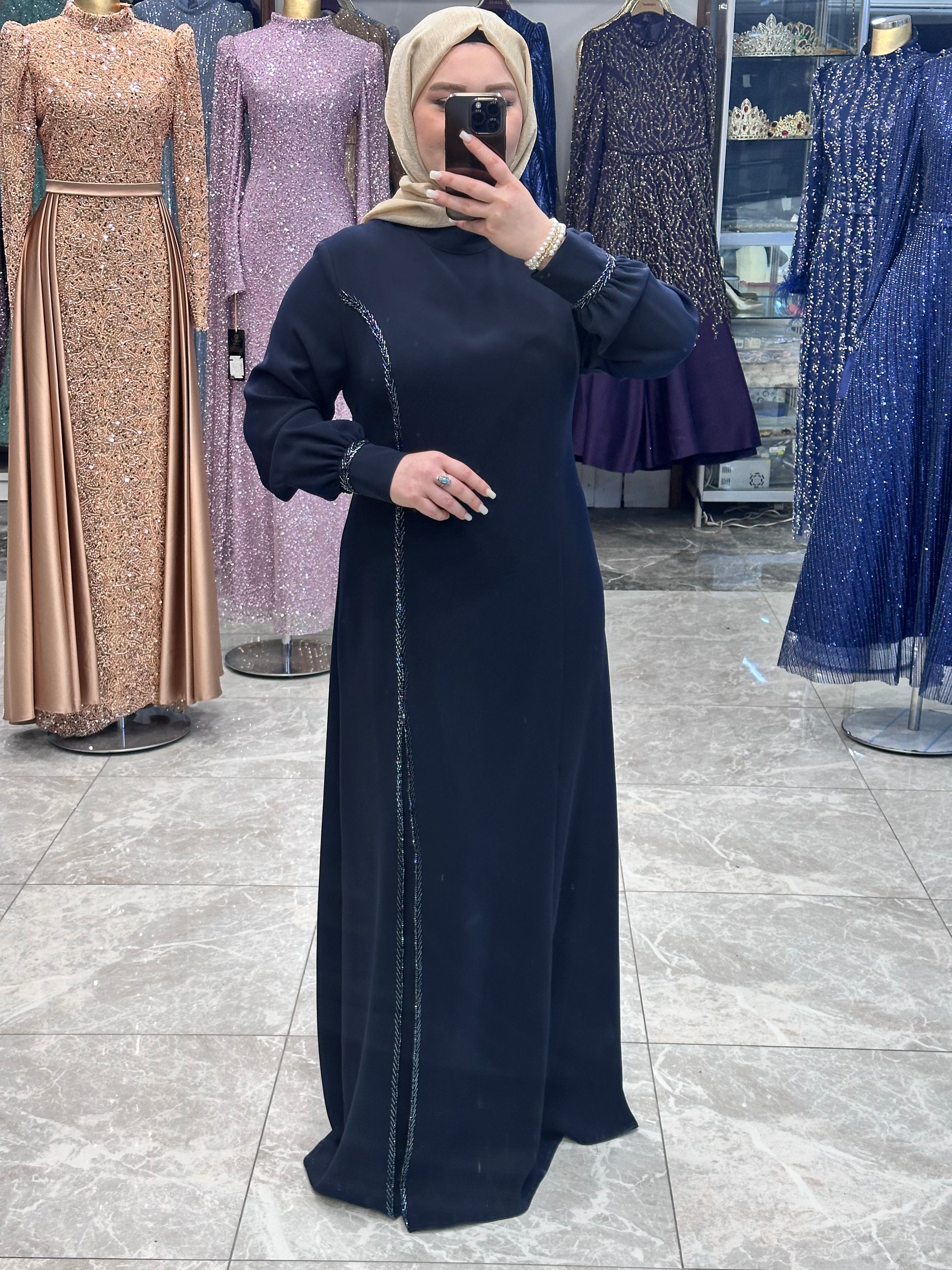 juki 5529 boncuk islemeli elbise lacivert(2)