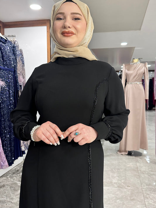 juki 5529 boncuk islemeli elbise siyah (1)